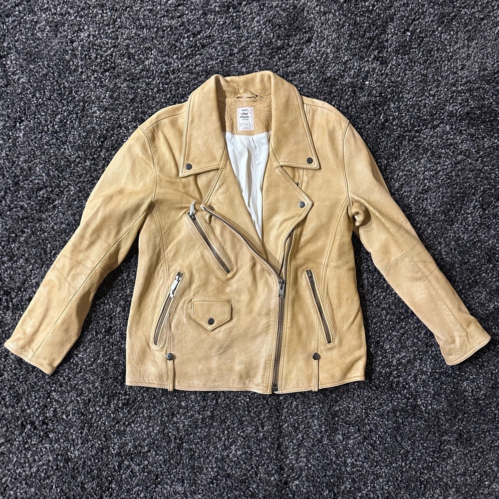 Free People We The Free Jealousy Leather Moto Jacket Light Tan Yellow Medium New